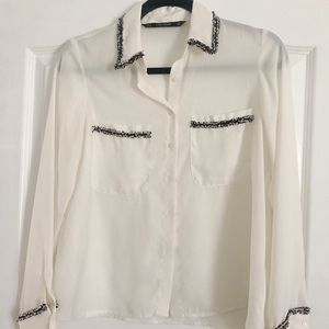 Zara Tweed Trim Sheer White Button Down Blouse
